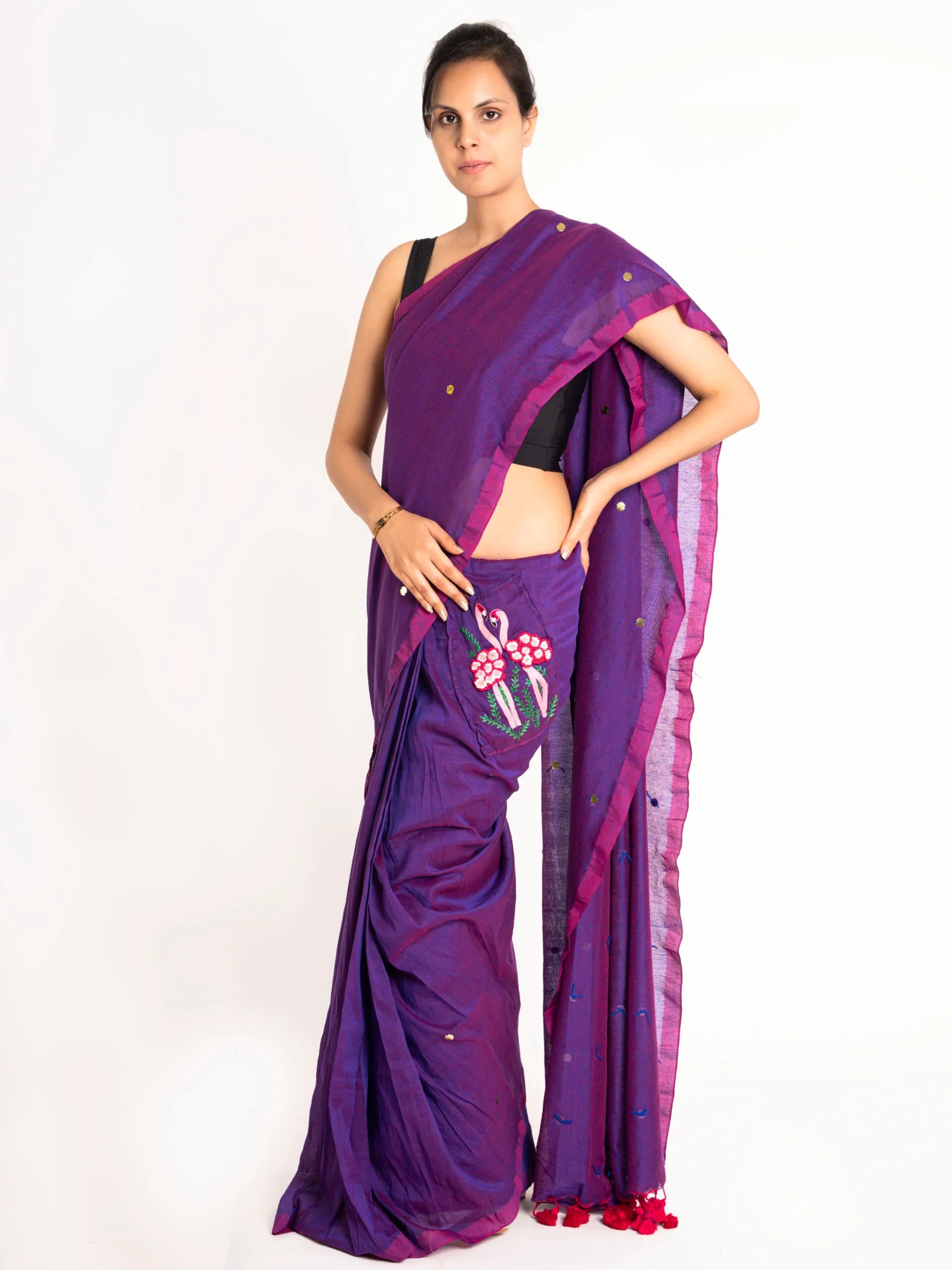 Flirty Flamingo – Pre-Stitched Saree with Flamingo Pocket & Sequin Embroidery - Kozylook
